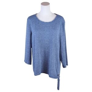 Cathy Daniels Striped Blue Knit Top XL 3/4 Sleeve Tie Hem Casual Stretch